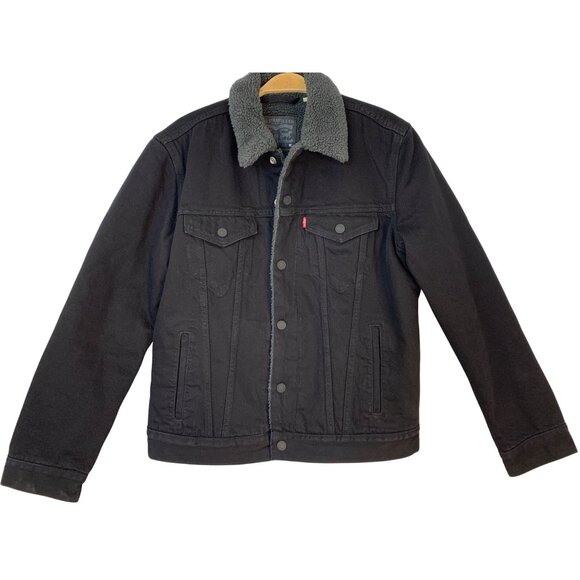 Levi Mens Black Denim Sherpa-Lined Trucker Jacket M RII10590 EUC Snap - Picture 2 of 14